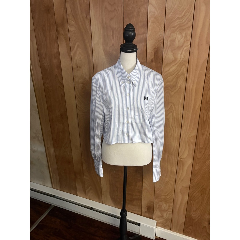 Satur Women Blue White Striped Cropped Button Down Shirt Logo Size S